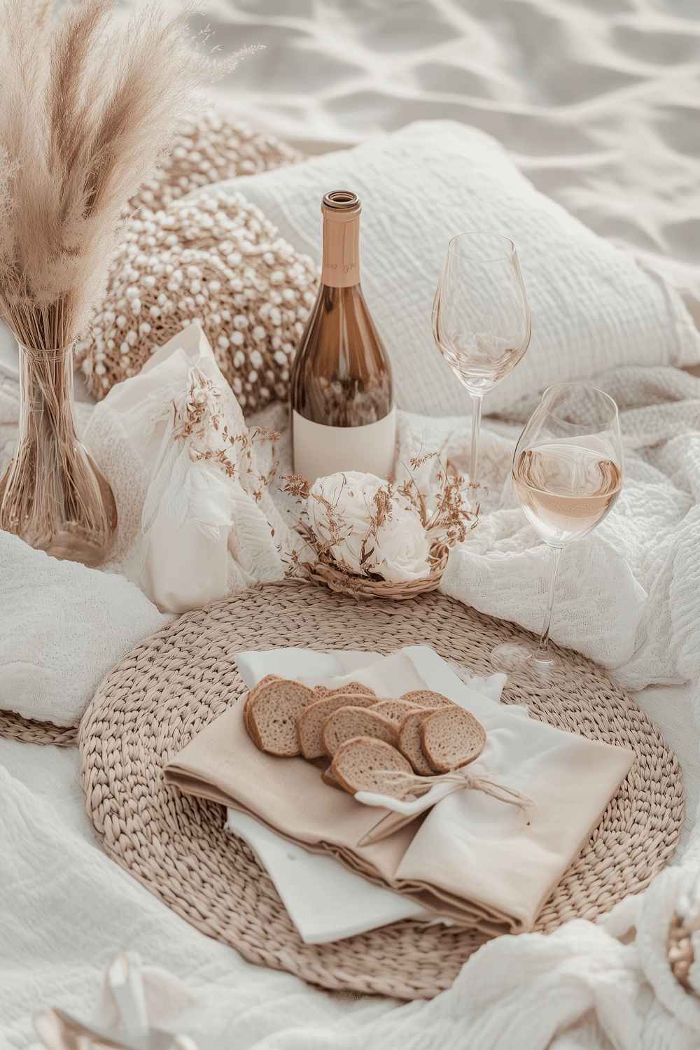A picnic spread on soft blankets with a woven placemat, sliced bread, wine glasses and pampas grass