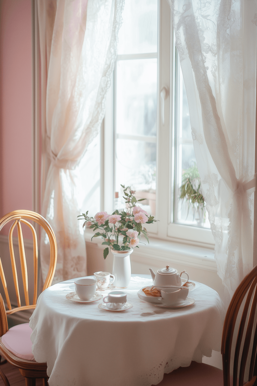 A round tea table with porcelain cups, a teapot and pink carnations beside a sunny window with lace curtains