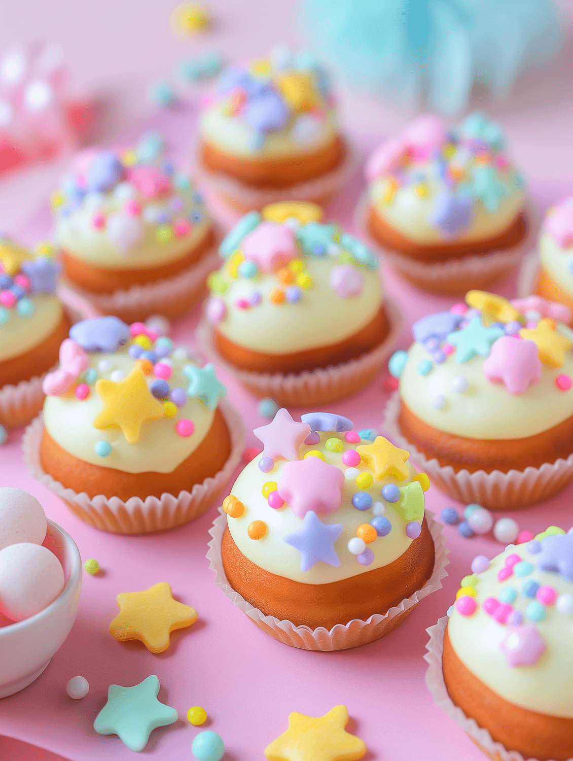 Cupcakes topped with vanilla frosting, pastel sprinkles and star-shaped candies