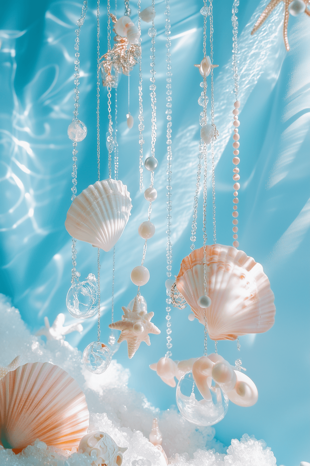 Pearl strands, seashells and starfish hanging against a shimmering aqua backdrop