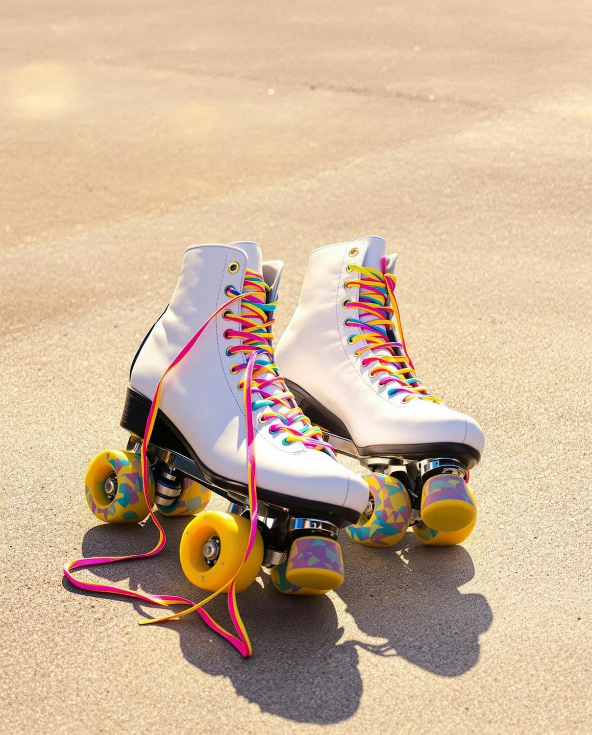 White roller skates with rainbow laces and colorful wheels in the sunshine