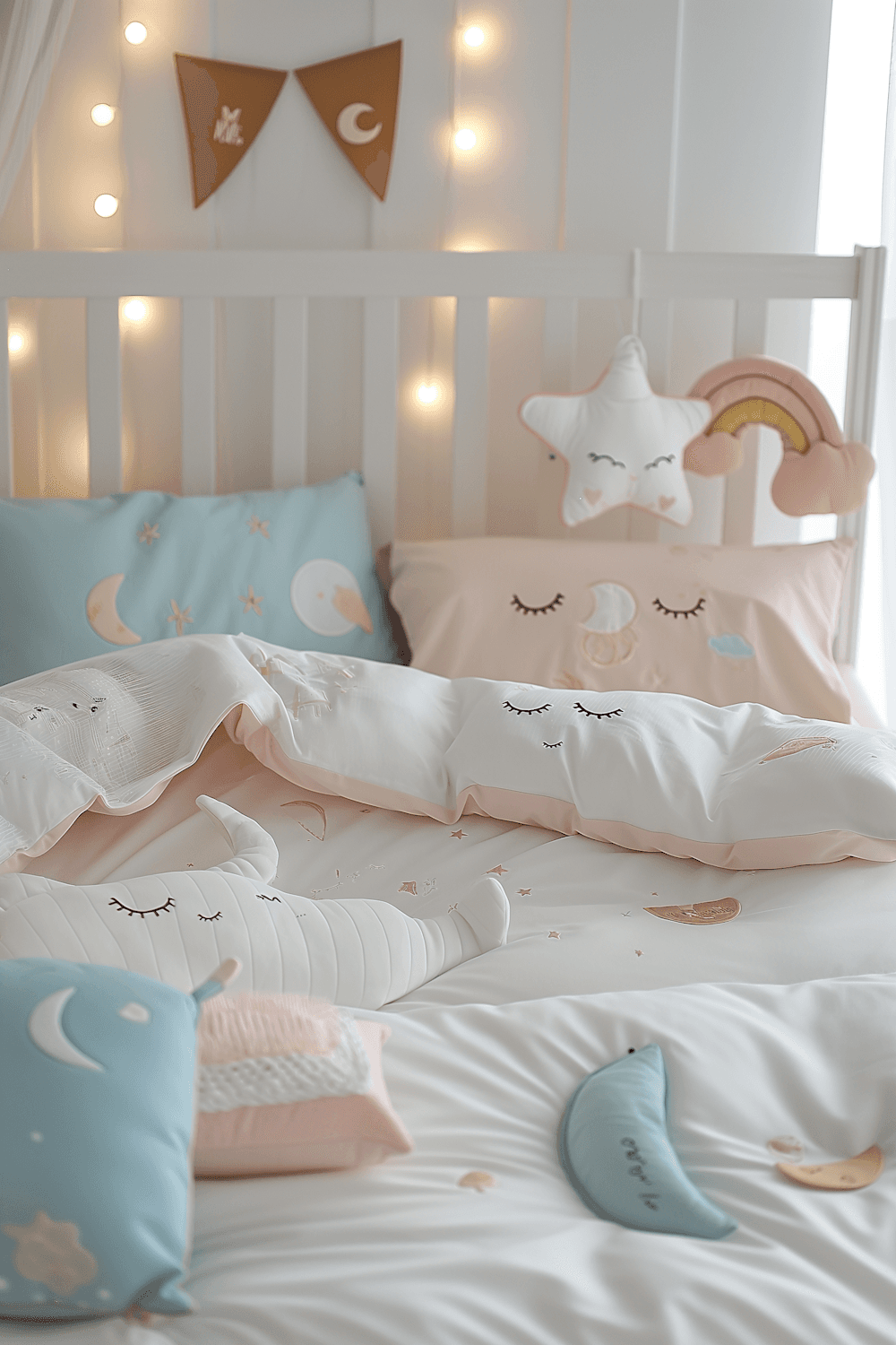 A cozy bed with pastel pillows, a smiling star cushion and warm fairy lights