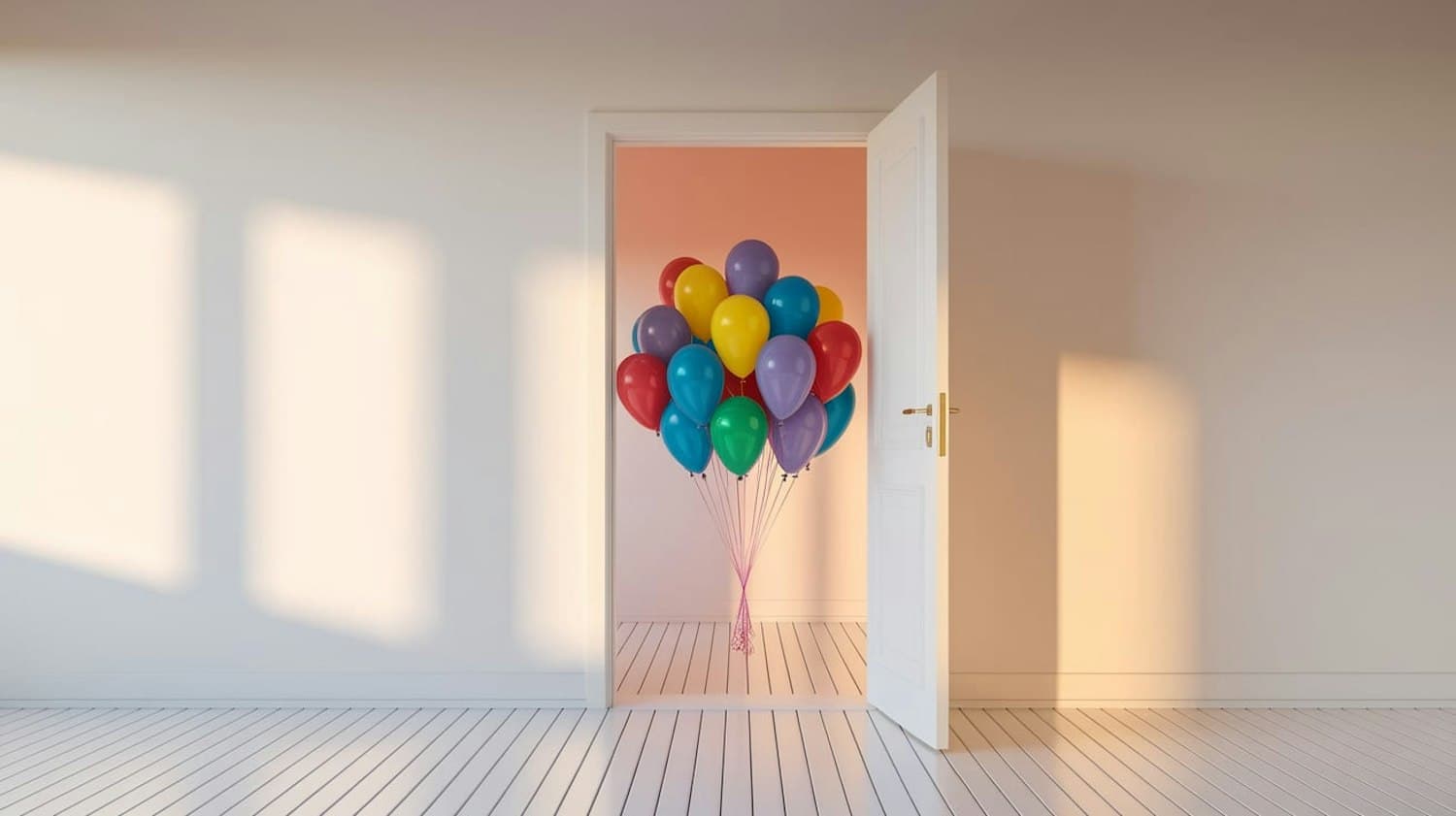 A bunch of colorful balloons waiting behind an open door in a sunlit room